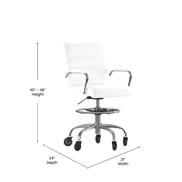 White |#| Drafting Chair with Roller Wheels, Adjustable Foot Ring - White LeatherSoft