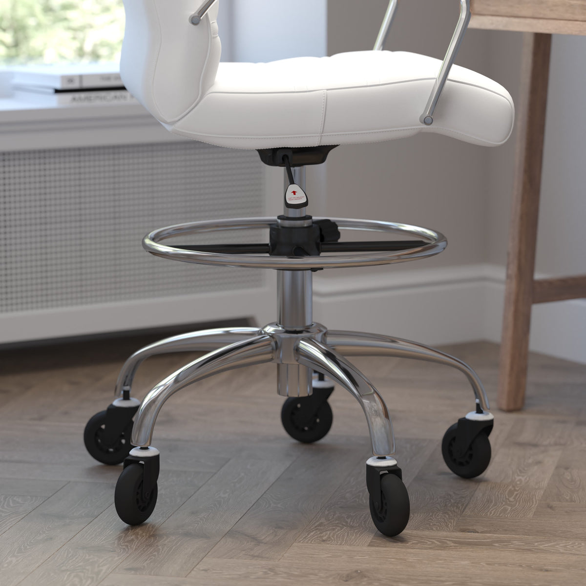 White |#| Drafting Chair with Roller Wheels, Adjustable Foot Ring - White LeatherSoft