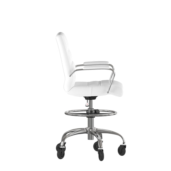 White |#| Drafting Chair with Roller Wheels, Adjustable Foot Ring - White LeatherSoft