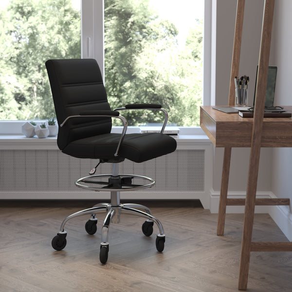 Black |#| Drafting Chair with Roller Wheels, Adjustable Foot Ring - Black LeatherSoft