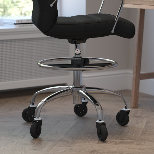 Black |#| Drafting Chair with Roller Wheels, Adjustable Foot Ring - Black LeatherSoft