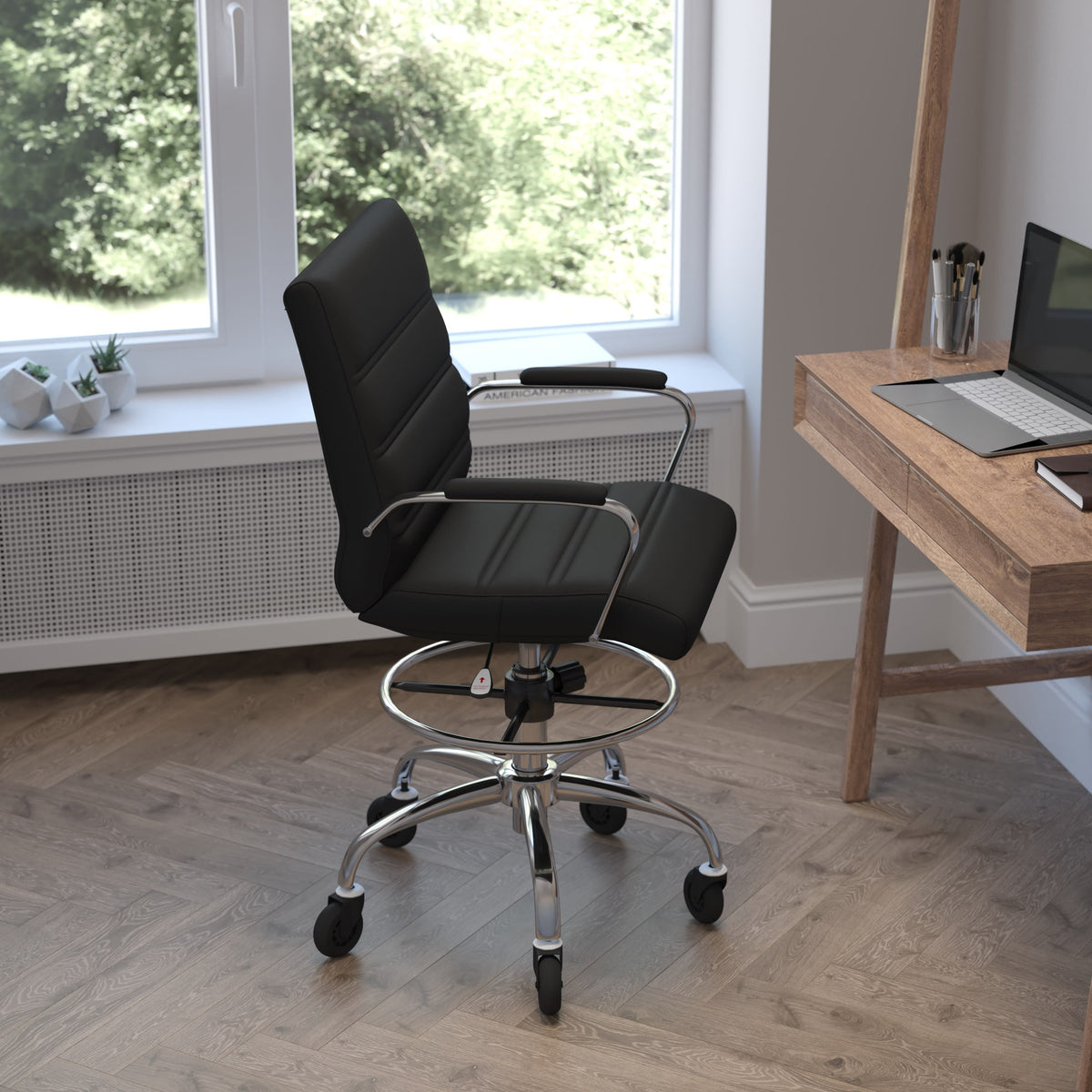 Black |#| Drafting Chair with Roller Wheels, Adjustable Foot Ring - Black LeatherSoft