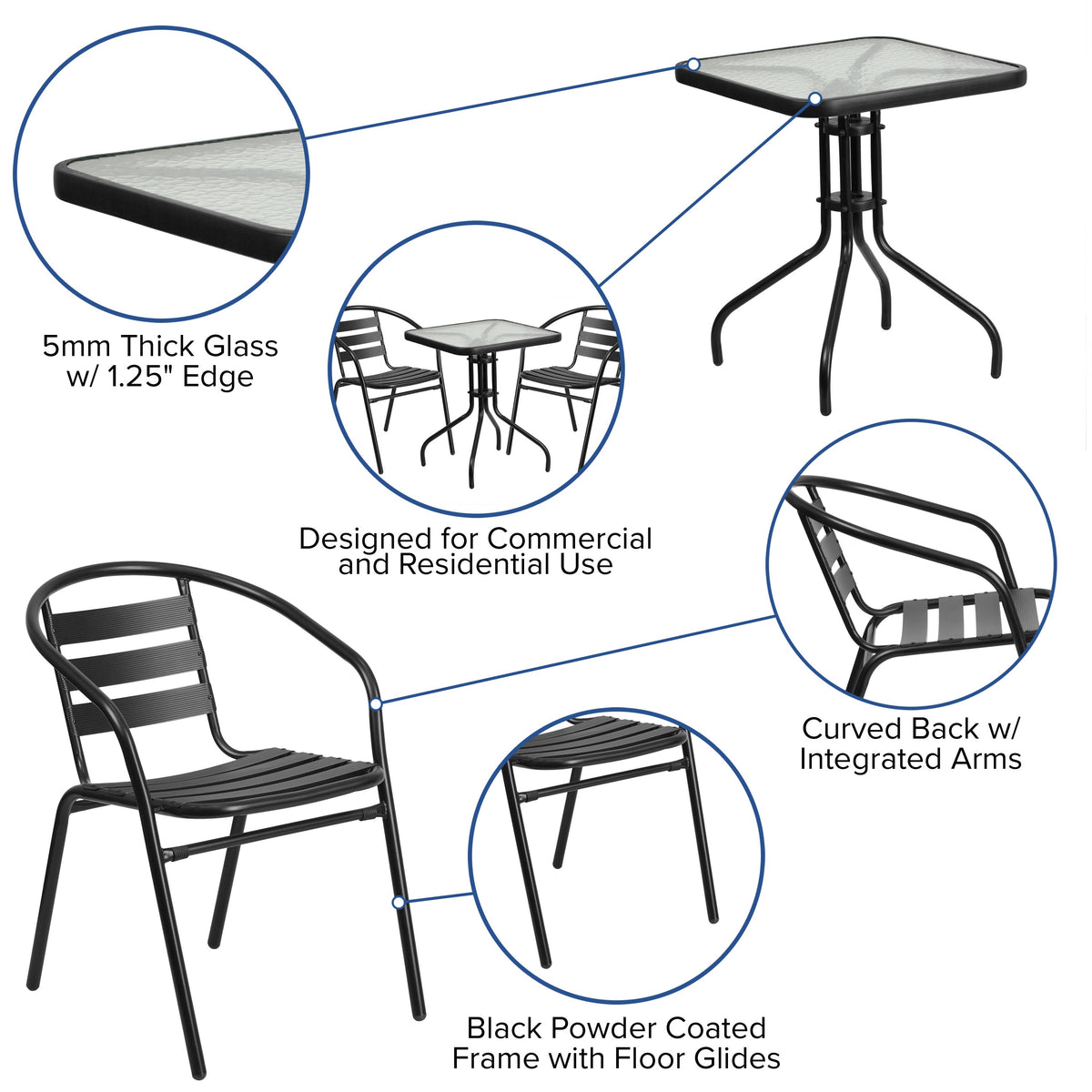 Black |#| 23.5inch Square Glass Metal Table with 2 Black Metal Aluminum Slat Stack Chairs