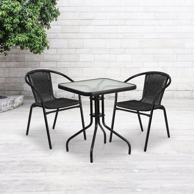 Lila 23.5'' Square Glass Metal Table with 2 Rattan Stack Chairs - View 2