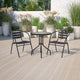 Black |#| 23.75inch Round Glass Metal Table with 2 Black Metal Aluminum Slat Stack Chairs
