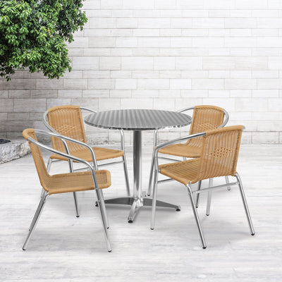 Lila 31.5'' Round Aluminum Indoor-Outdoor Table Set with 4 Rattan Chairs