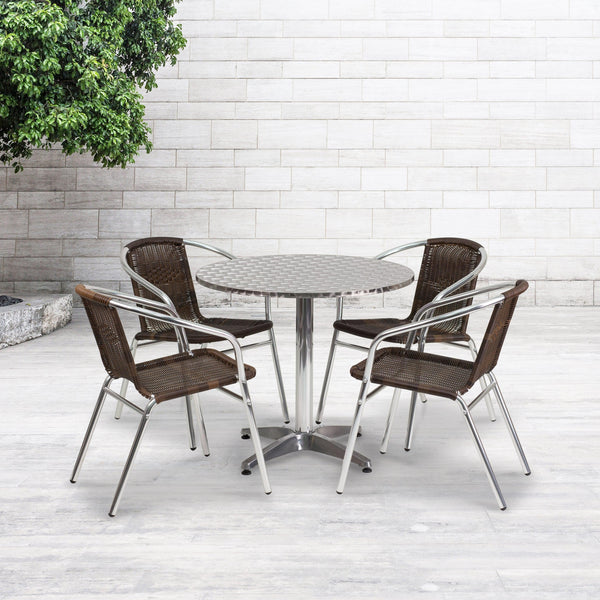 Dark Brown |#| 31.5inch Round Aluminum Indoor-Outdoor Table Set with 4 Dark Brown Rattan Chairs