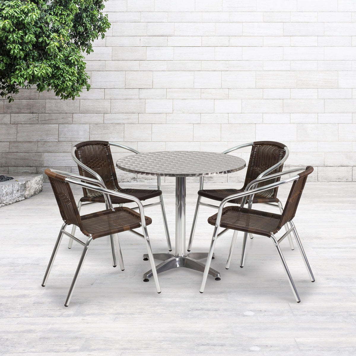 Dark Brown |#| 31.5inch Round Aluminum Indoor-Outdoor Table Set with 4 Dark Brown Rattan Chairs