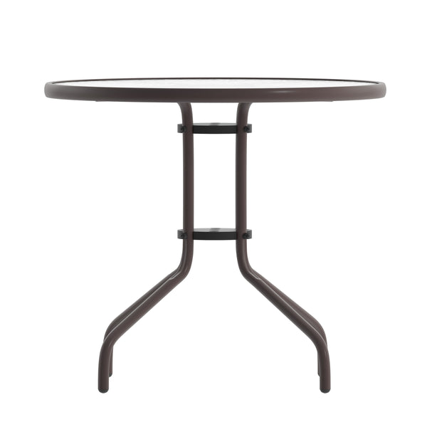 Black |#| 31.5inch Round Glass Metal Table with 4 Black Metal Aluminum Slat Stack Chairs