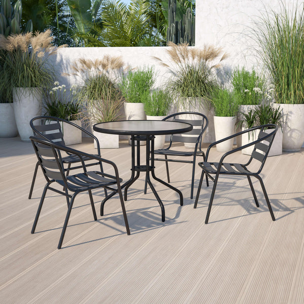 Black |#| 31.5inch Round Glass Metal Table with 4 Black Metal Aluminum Slat Stack Chairs