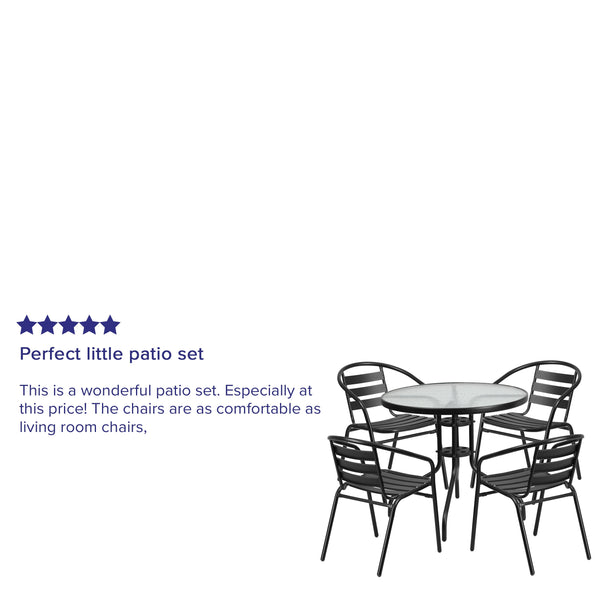 Black |#| 31.5inch Round Glass Metal Table with 4 Black Metal Aluminum Slat Stack Chairs