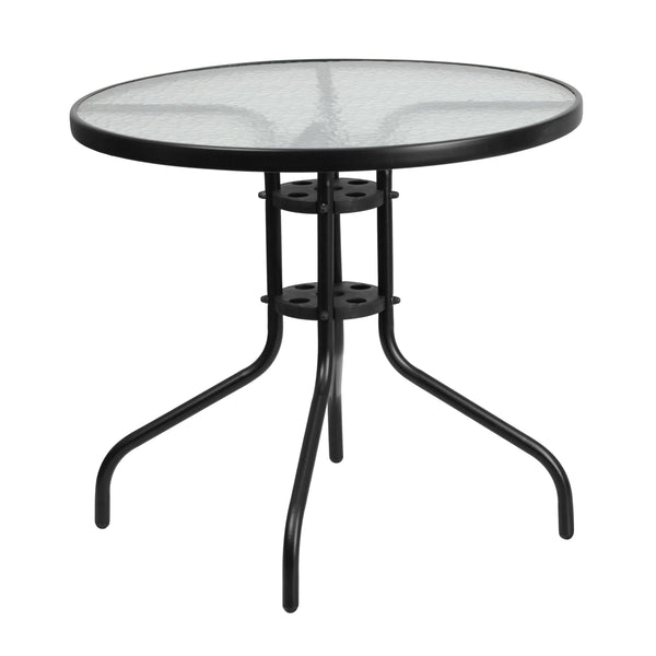 Black |#| 31.5inch Round Glass Metal Table with 4 Black Metal Aluminum Slat Stack Chairs