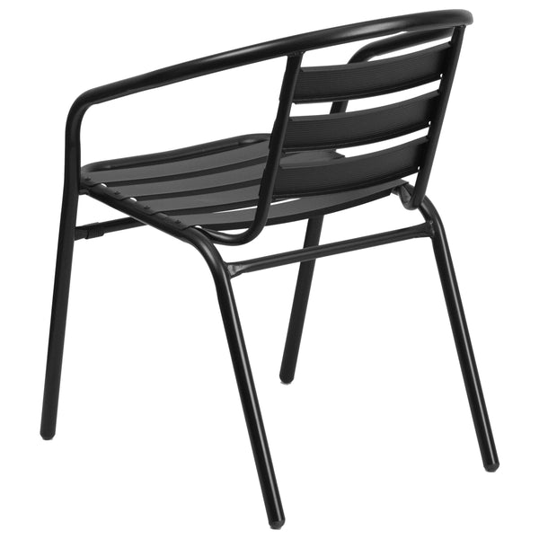 Black |#| 31.5inch Round Glass Metal Table with 4 Black Metal Aluminum Slat Stack Chairs