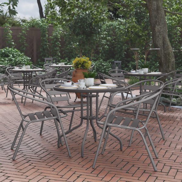 Silver |#| Modern 31.5inch Round Glass Framed Glass Table with 4 Silver Slat Back Chairs