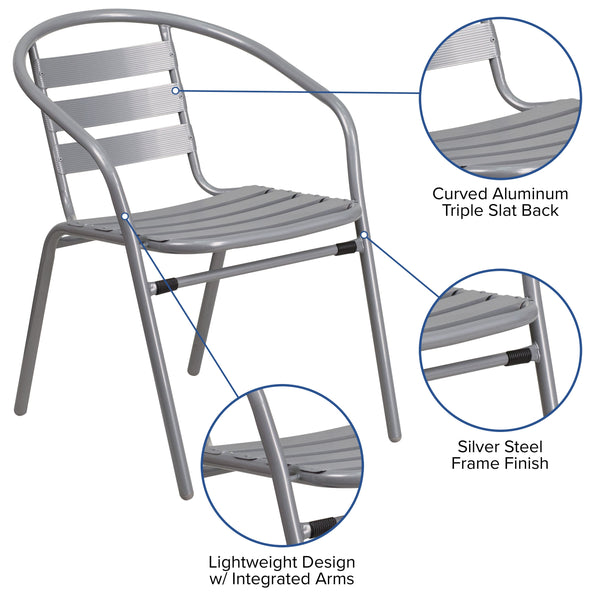 Silver |#| Modern 31.5inch Round Glass Framed Glass Table with 4 Silver Slat Back Chairs