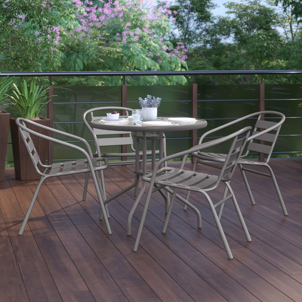 Silver |#| Modern 31.5inch Round Glass Framed Glass Table with 4 Silver Slat Back Chairs