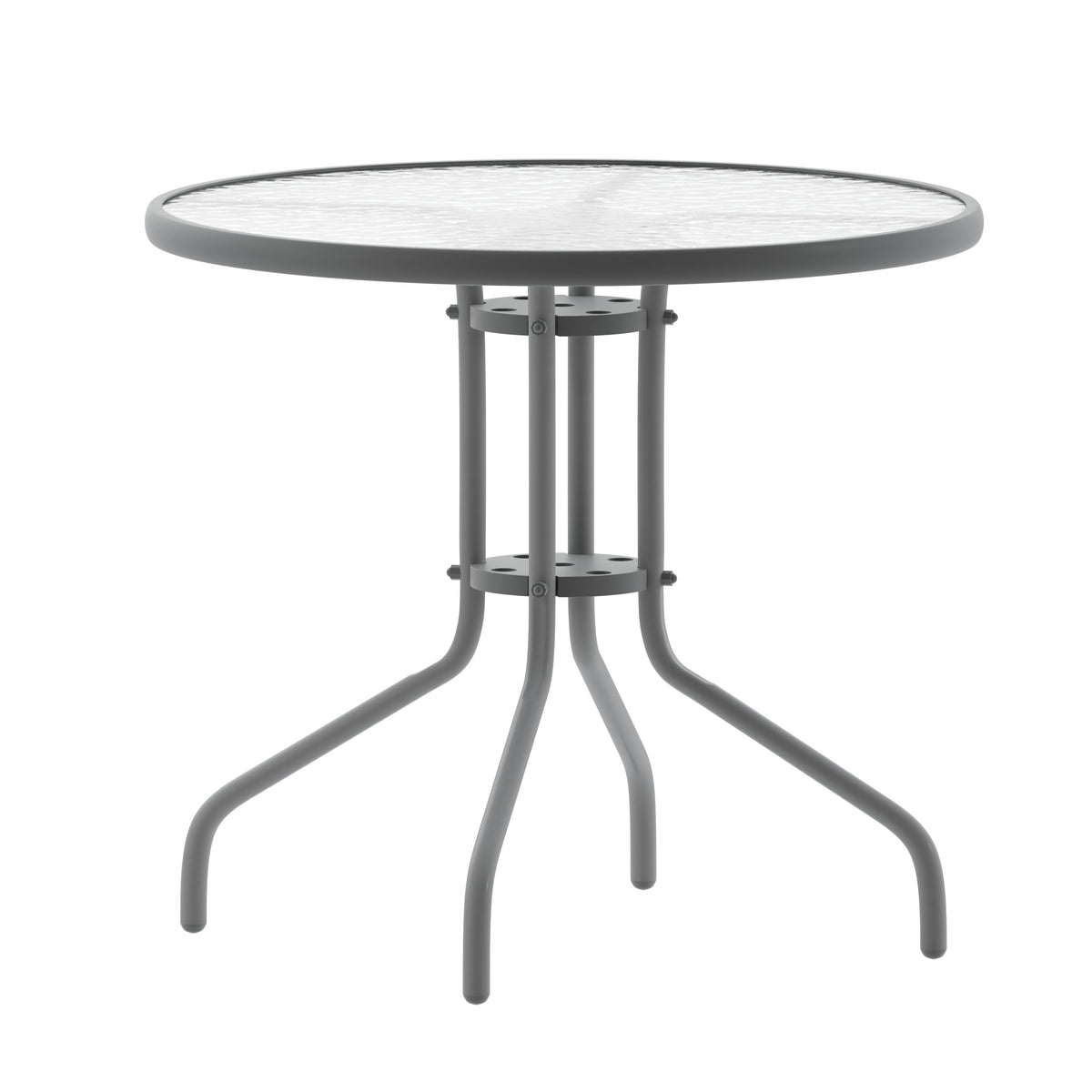 Silver |#| Modern 31.5inch Round Glass Framed Glass Table with 4 Silver Slat Back Chairs