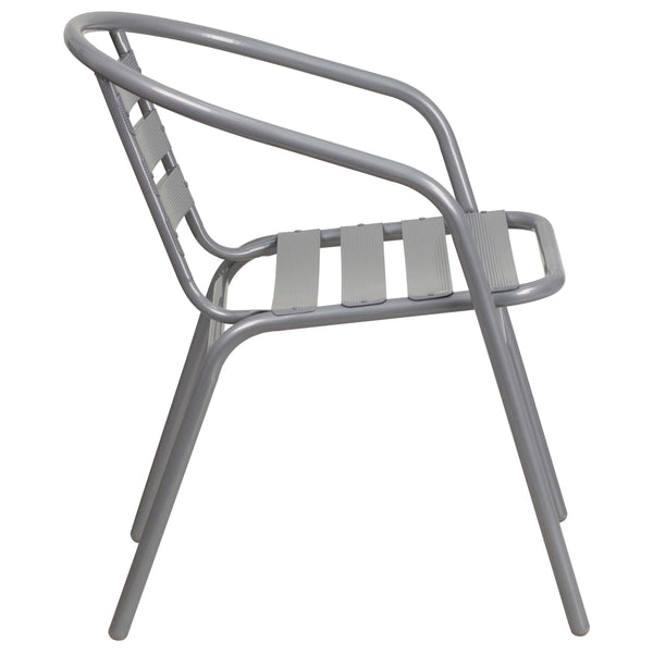 Silver |#| Modern 31.5inch Round Glass Framed Glass Table with 4 Silver Slat Back Chairs