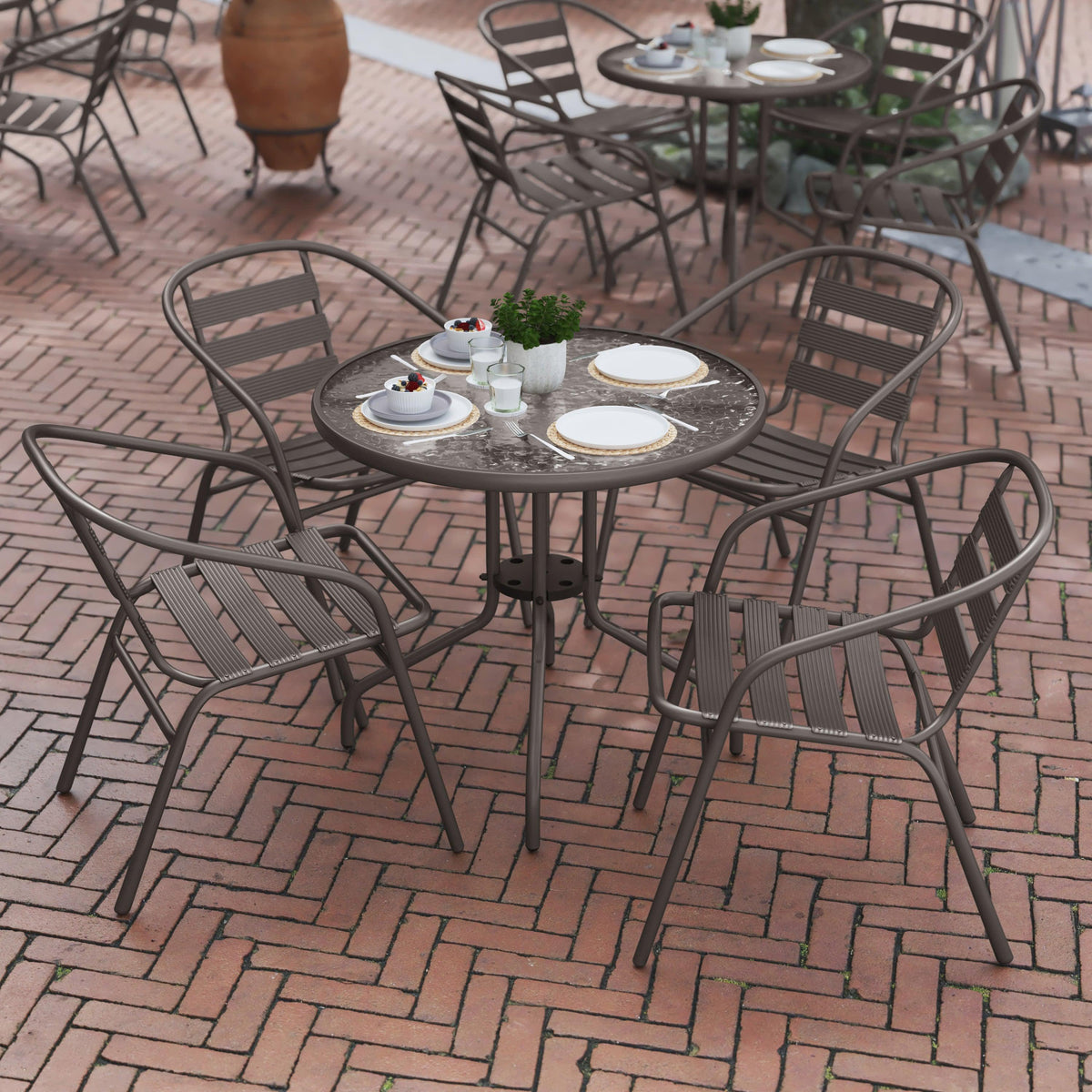 Bronze |#| Modern 31.5inch Round Glass Framed Glass Table with 4 Bronze Slat Back Chairs