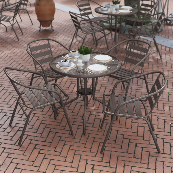 Bronze |#| Modern 31.5inch Round Glass Framed Glass Table with 4 Bronze Slat Back Chairs
