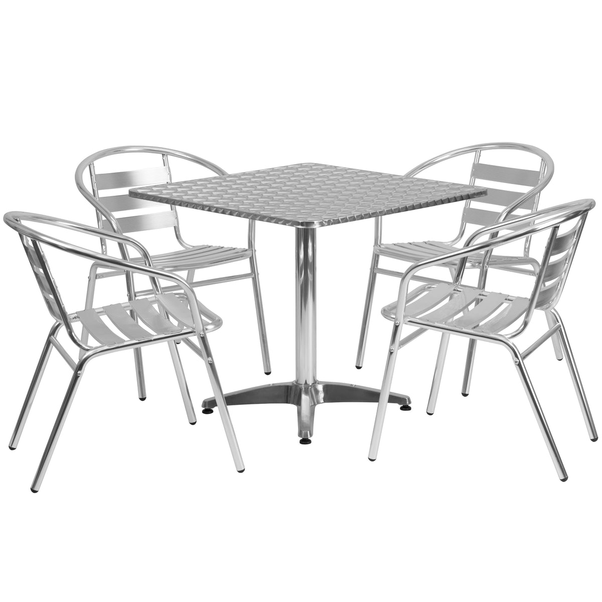 Aluminum |#| 31.5inch Square Aluminum Indoor-Outdoor Table Set with 4 Slat Back Chairs