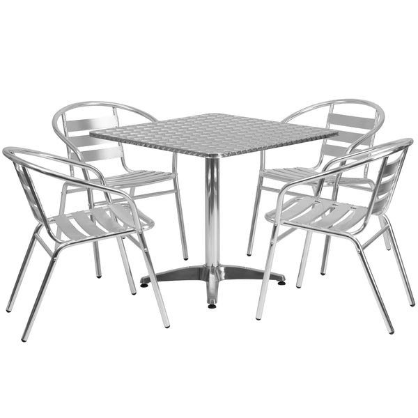 Aluminum |#| 31.5inch Square Aluminum Indoor-Outdoor Table Set with 4 Slat Back Chairs