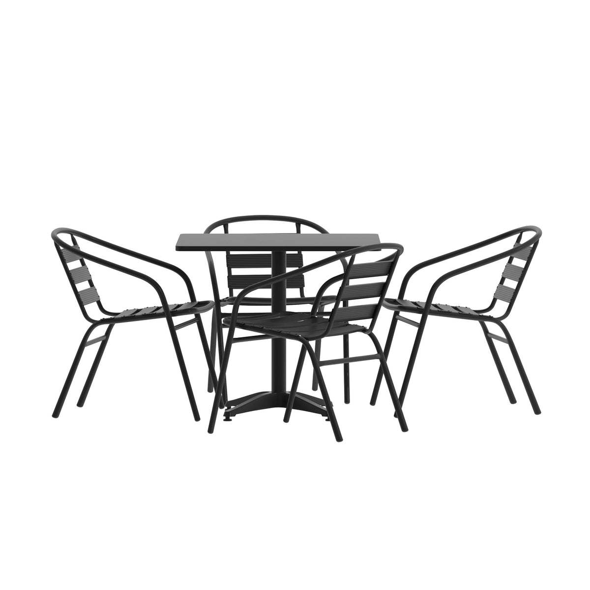 Black |#| Modern 31.5inch Square Glass Framed Glass Table with 4 Black Slat Back Chairs