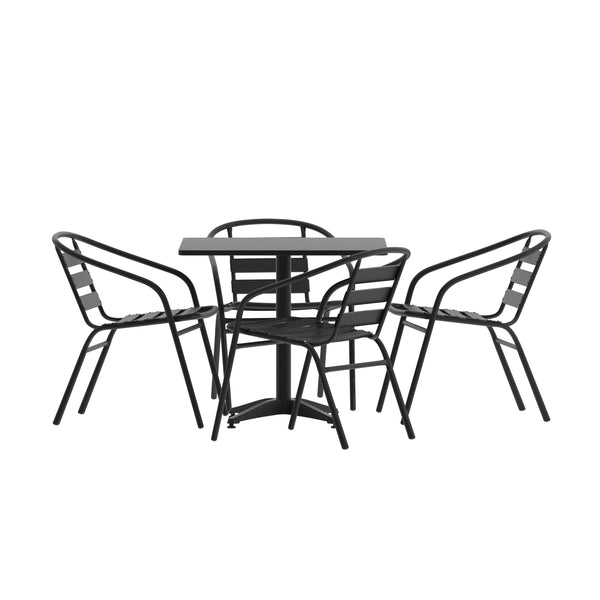 Black |#| Modern 31.5inch Square Glass Framed Glass Table with 4 Black Slat Back Chairs