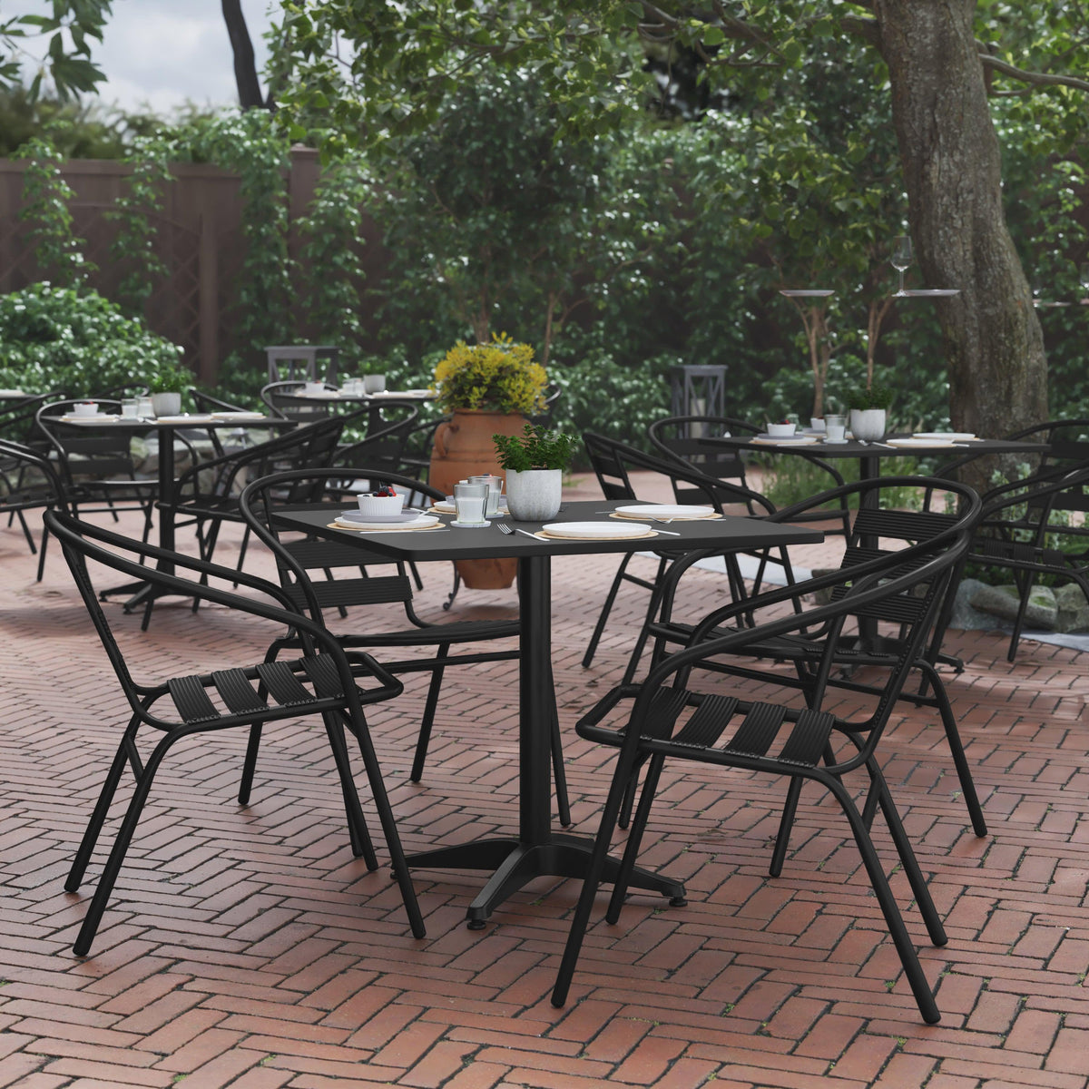 Black |#| Modern 31.5inch Square Glass Framed Glass Table with 4 Black Slat Back Chairs