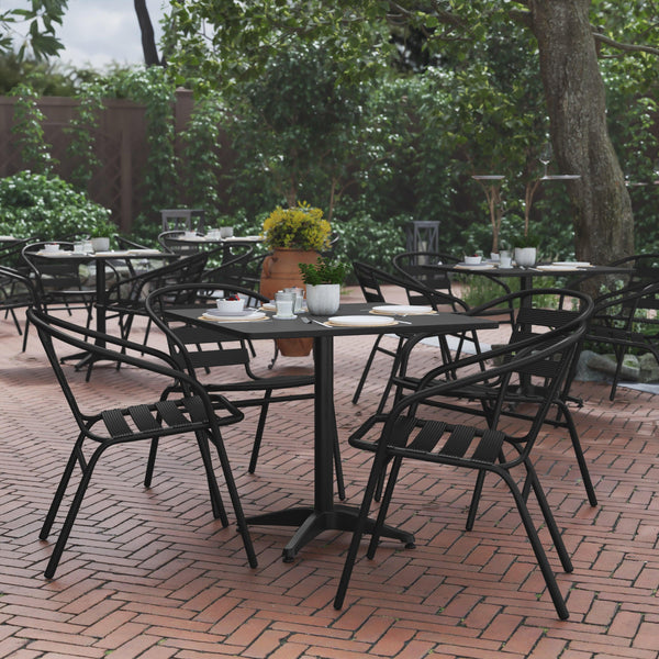 Black |#| Modern 31.5inch Square Glass Framed Glass Table with 4 Black Slat Back Chairs