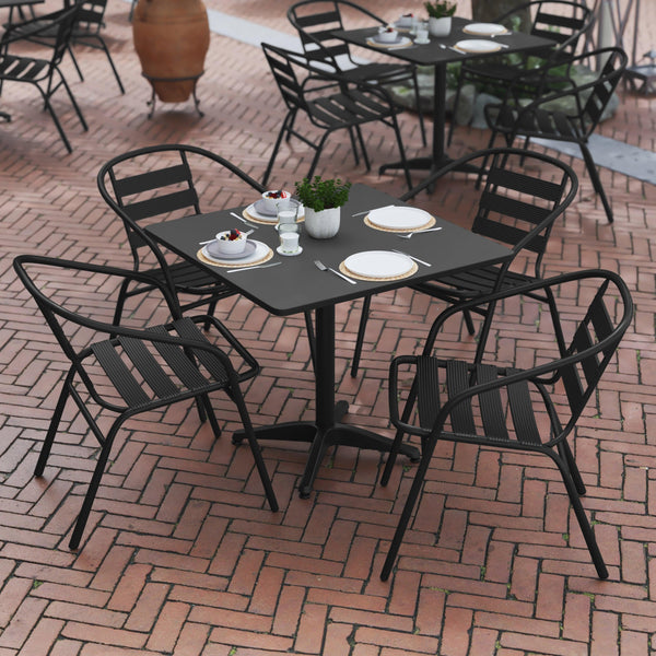 Black |#| Modern 31.5inch Square Glass Framed Glass Table with 4 Black Slat Back Chairs
