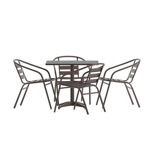 Bronze |#| Modern 31.5inch Square Glass Framed Glass Table with 4 Bronze Slat Back Chairs