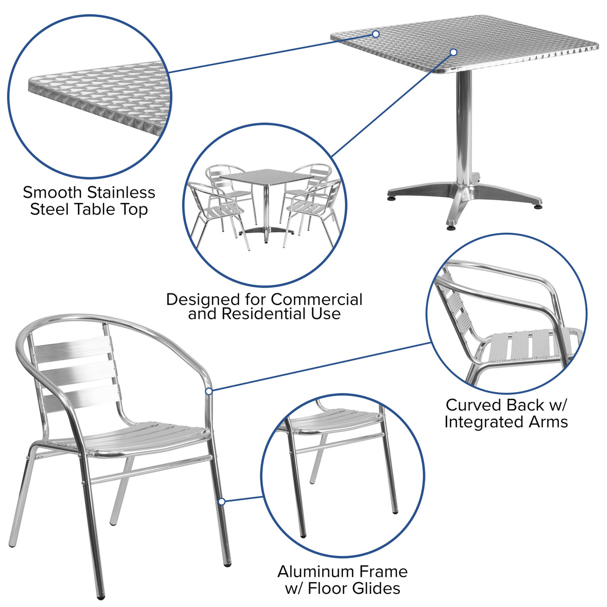 Aluminum |#| 31.5inch Square Aluminum Indoor-Outdoor Table Set with 4 Slat Back Chairs