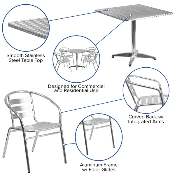 Aluminum |#| 31.5inch Square Aluminum Indoor-Outdoor Table Set with 4 Slat Back Chairs