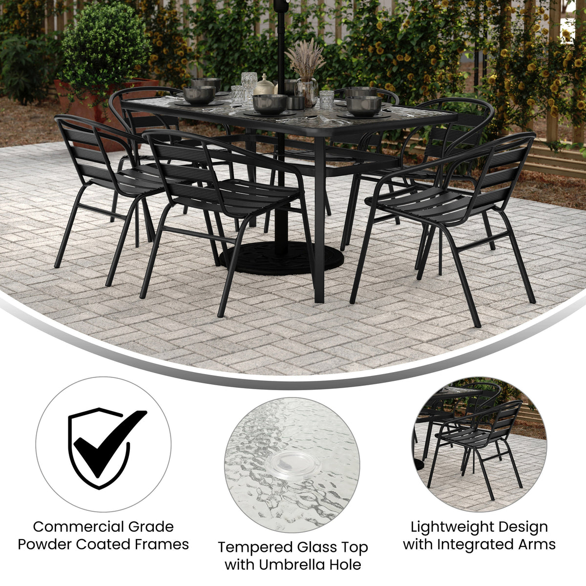 Commercial Patio Dining Set with Tempered Glass Top Table and 6 Chairs in Black