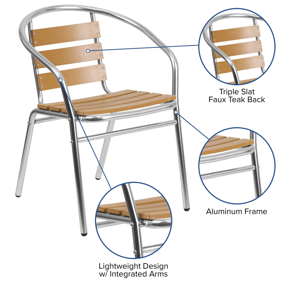 Aluminum |#| Commercial Aluminum Indoor-Outdoor Stack Chair with Triple Slat Faux Teak Back