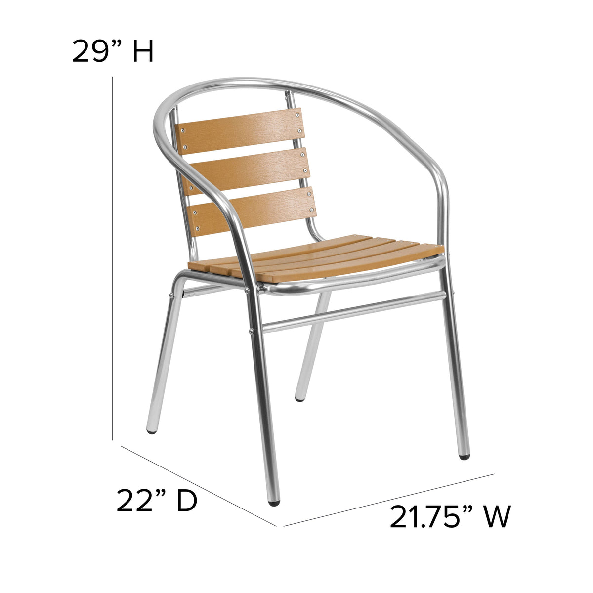 Aluminum |#| Commercial Aluminum Indoor-Outdoor Stack Chair with Triple Slat Faux Teak Back