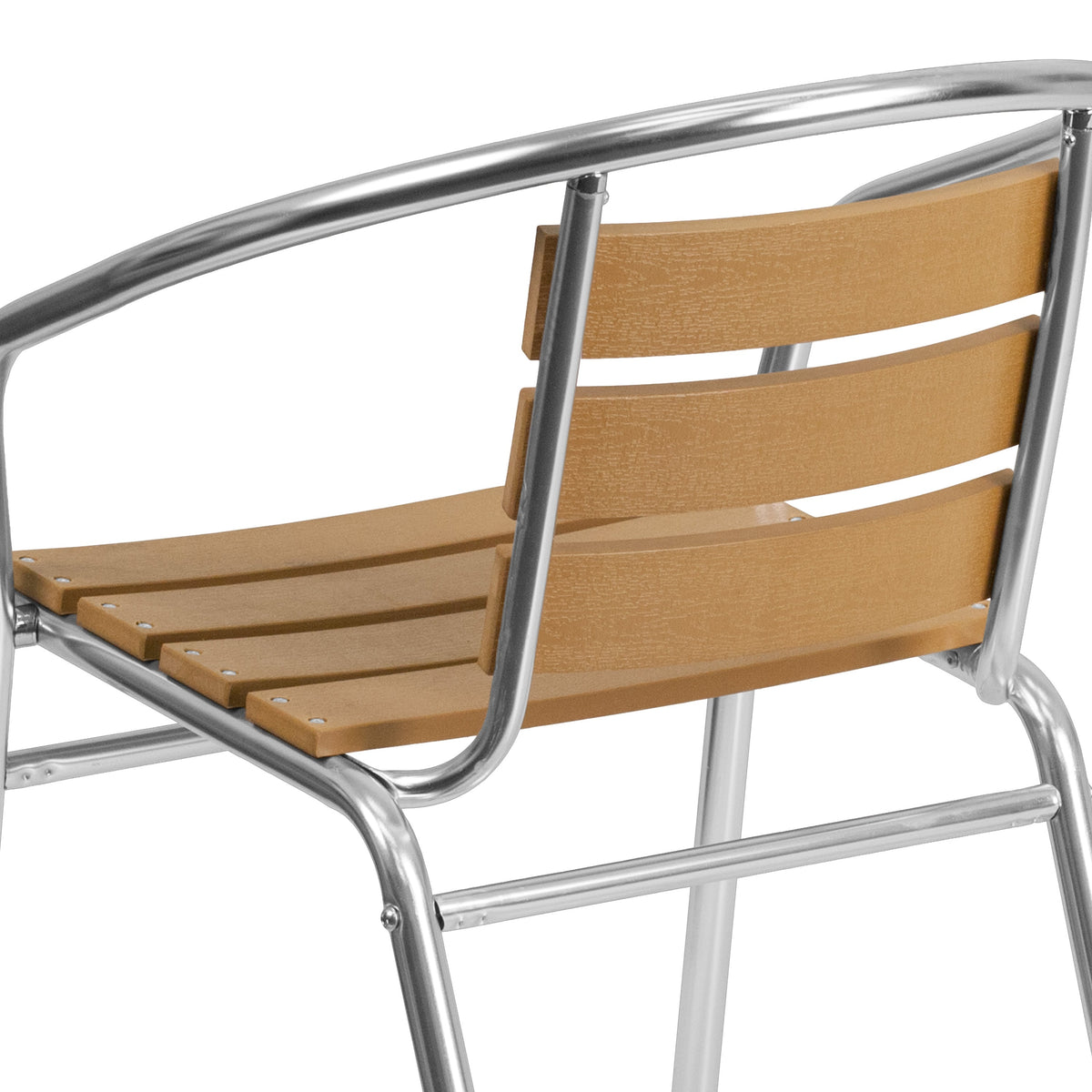 Aluminum |#| Commercial Aluminum Indoor-Outdoor Stack Chair with Triple Slat Faux Teak Back
