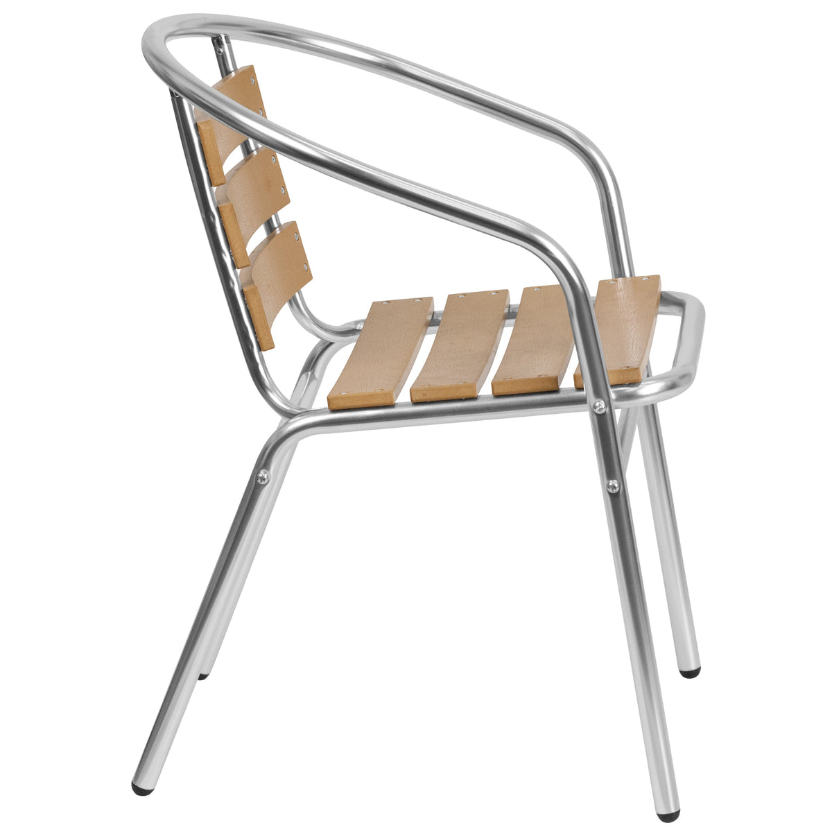Aluminum |#| Commercial Aluminum Indoor-Outdoor Stack Chair with Triple Slat Faux Teak Back