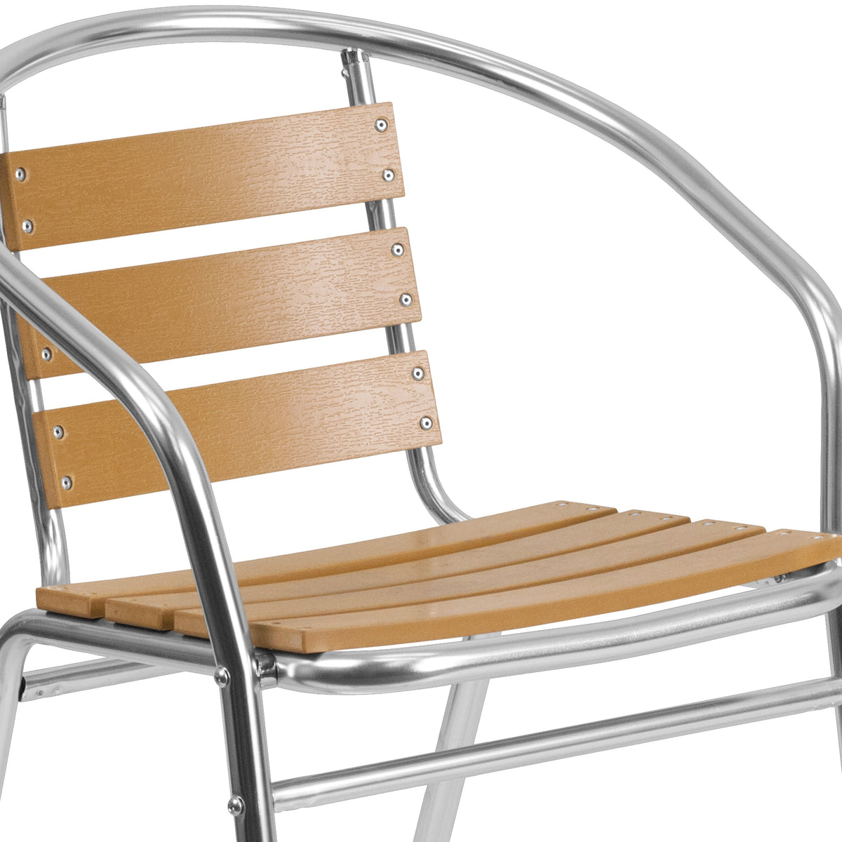 Aluminum |#| Commercial Aluminum Indoor-Outdoor Stack Chair with Triple Slat Faux Teak Back