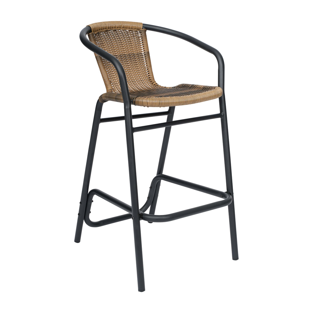 Medium Brown |#| Commercial Indoor-Outdoor Rattan Restaurant Barstool Black Frame-Medium Brown