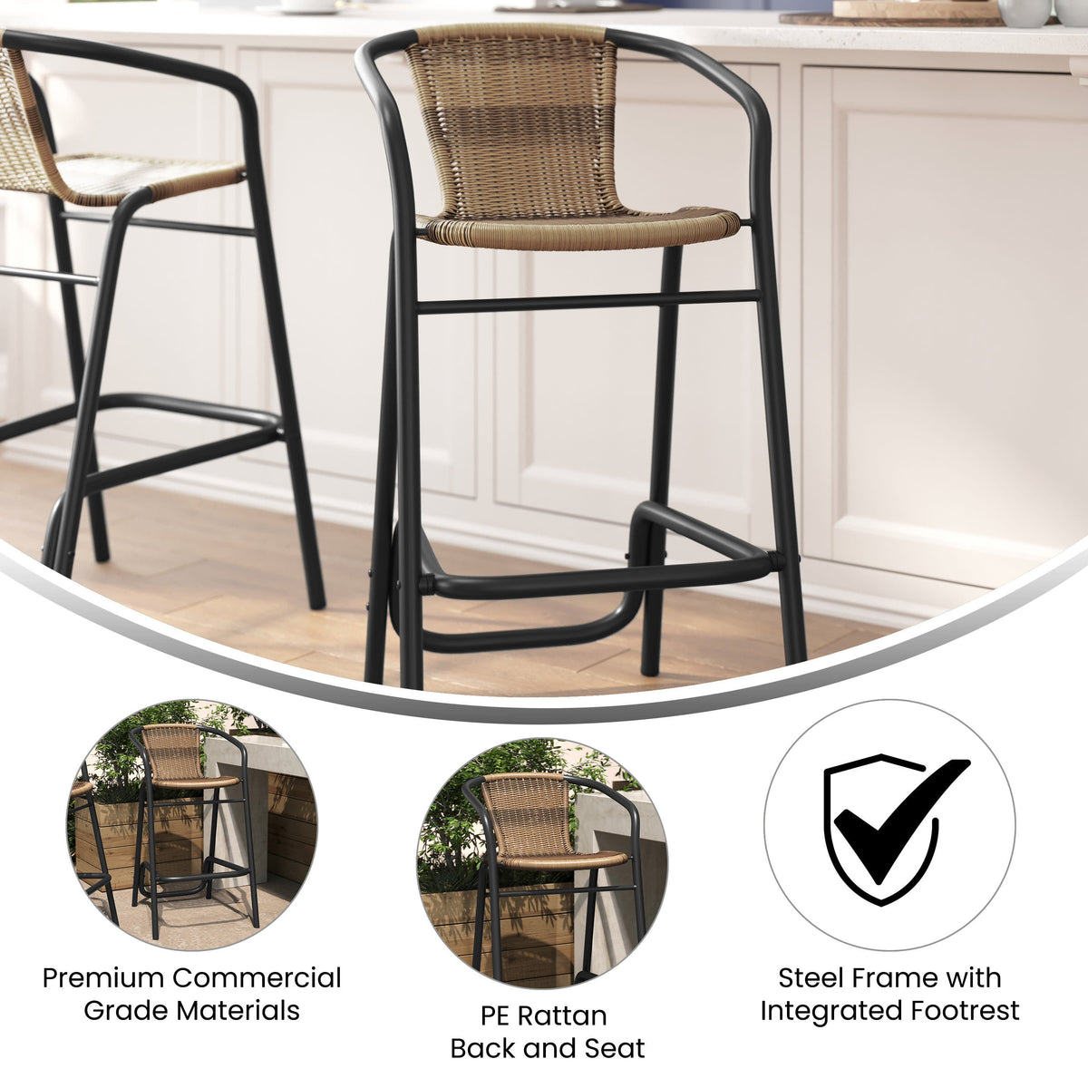 Medium Brown |#| Commercial Indoor-Outdoor Rattan Restaurant Barstool Black Frame-Medium Brown