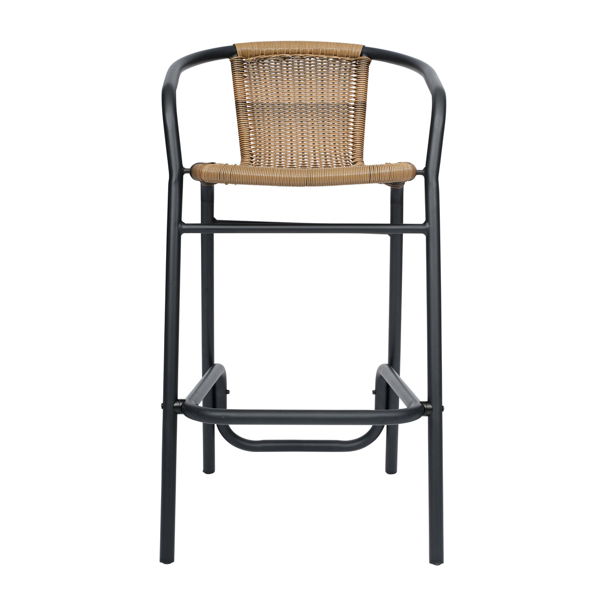 Medium Brown |#| Commercial Indoor-Outdoor Rattan Restaurant Barstool Black Frame-Medium Brown