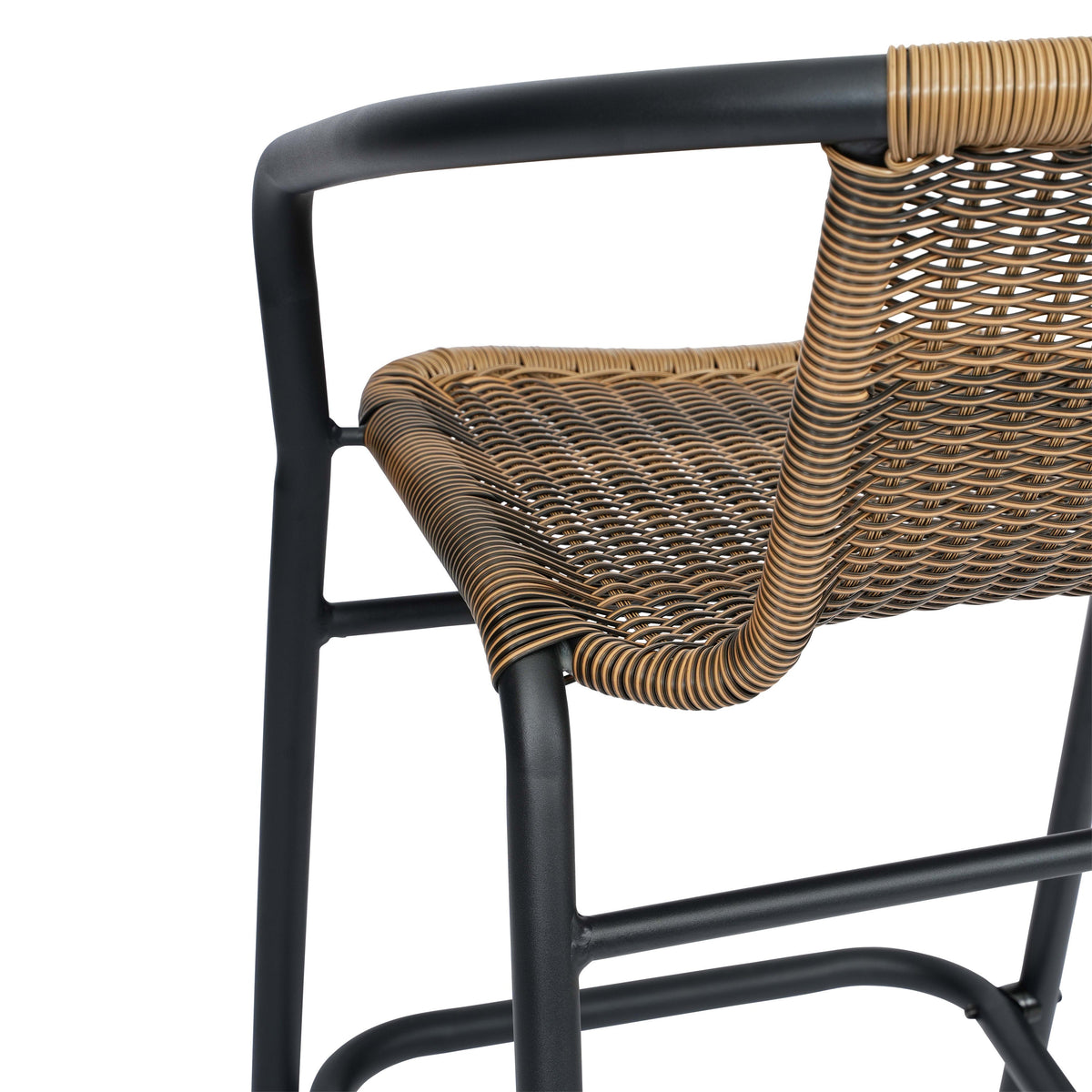 Medium Brown |#| Commercial Indoor-Outdoor Rattan Restaurant Barstool Black Frame-Medium Brown