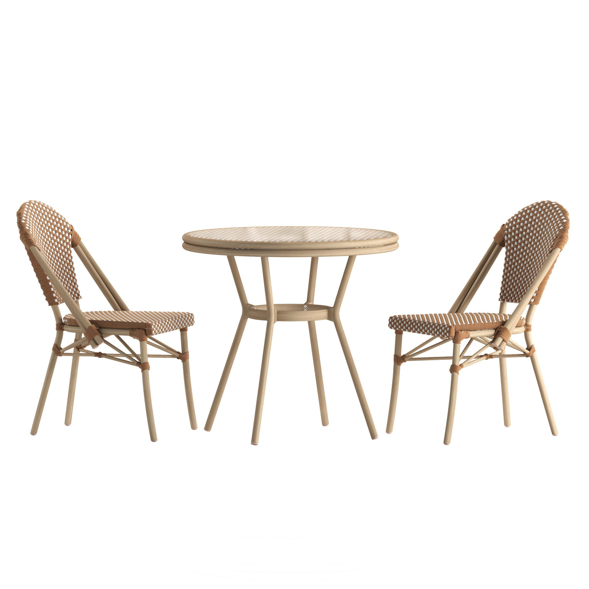 Natural & White Rattan/Light Natural Frame |#| Indoor/Outdoor Commercial Bistro Set with Table and Two Chairs in Nat/Wht