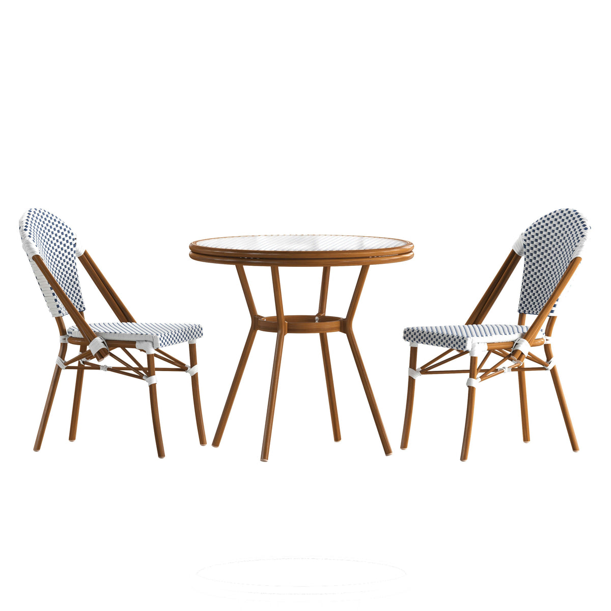 White & Navy Rattan/Natural Frame |#| Indoor/Outdoor Commercial Bistro Set with Table and 2 Chairs in Wht/Navy