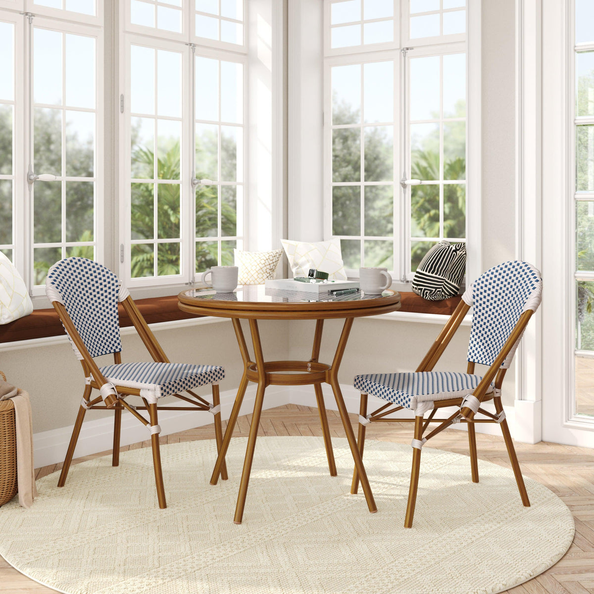 White & Navy Rattan/Natural Frame |#| Indoor/Outdoor Commercial Bistro Set with Table and 2 Chairs in Wht/Navy