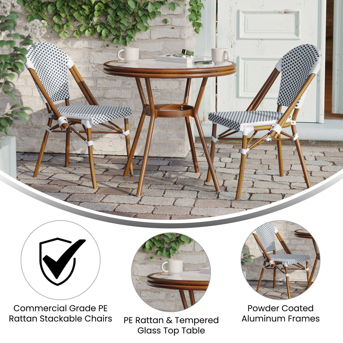 White & Navy Rattan/Natural Frame |#| Indoor/Outdoor Commercial Bistro Set with Table and 2 Chairs in Wht/Navy