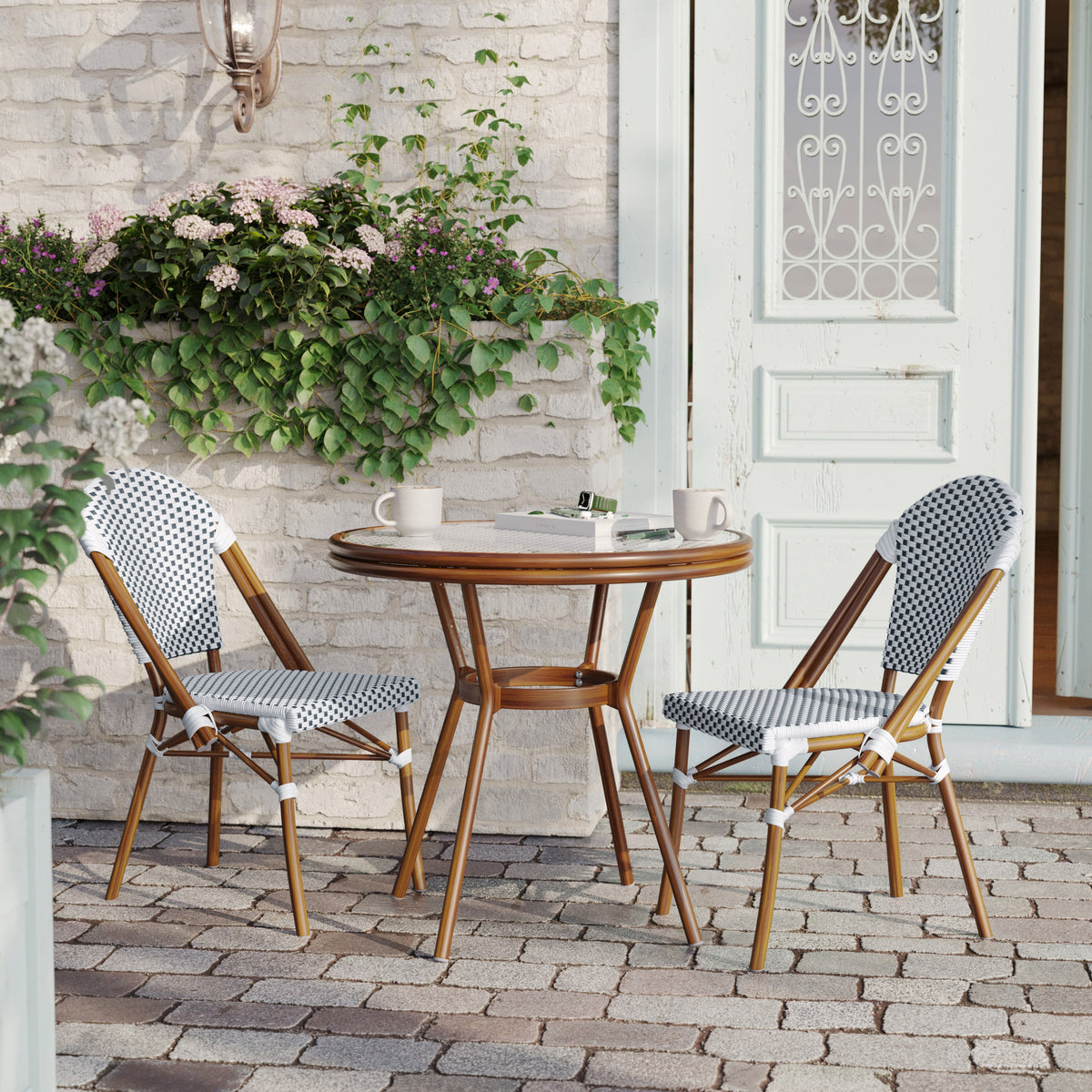 White & Navy Rattan/Natural Frame |#| Indoor/Outdoor Commercial Bistro Set with Table and 2 Chairs in Wht/Navy