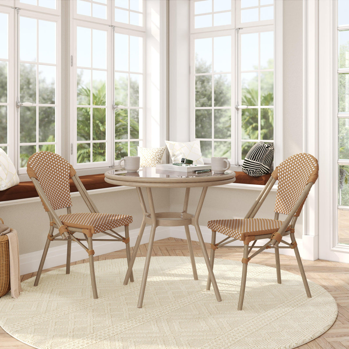 Natural & White Rattan/Light Natural Frame |#| Indoor/Outdoor Commercial Bistro Set with Table and Two Chairs in Nat/Wht